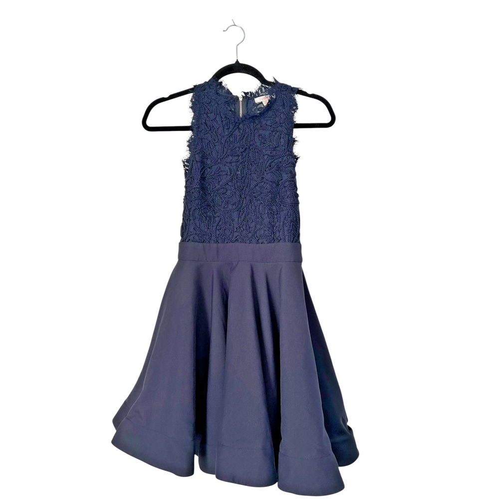 Luxxel Dress Women's Small Navy Blue Lace High Neck Skater Full Skirt Party Chic